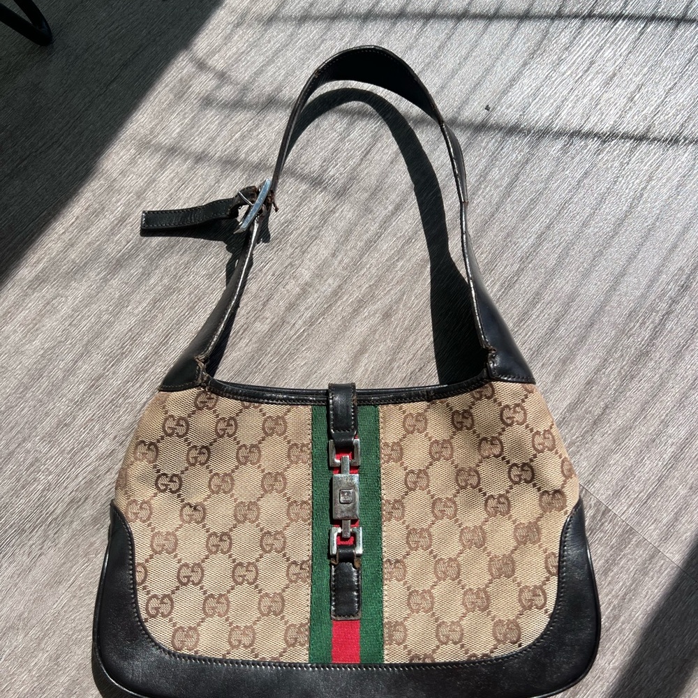 Gucci Beige Signature Canvas Shoulder Bag with Green and Red Stripe